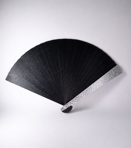 Black hand fan with silver edge made in Paris
